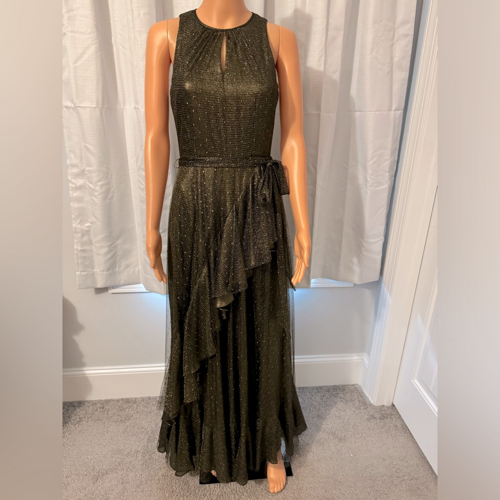 Stunning Alex Marie Size 2p Black Gold Metallic Tiered Belted Dress Gown Nwt